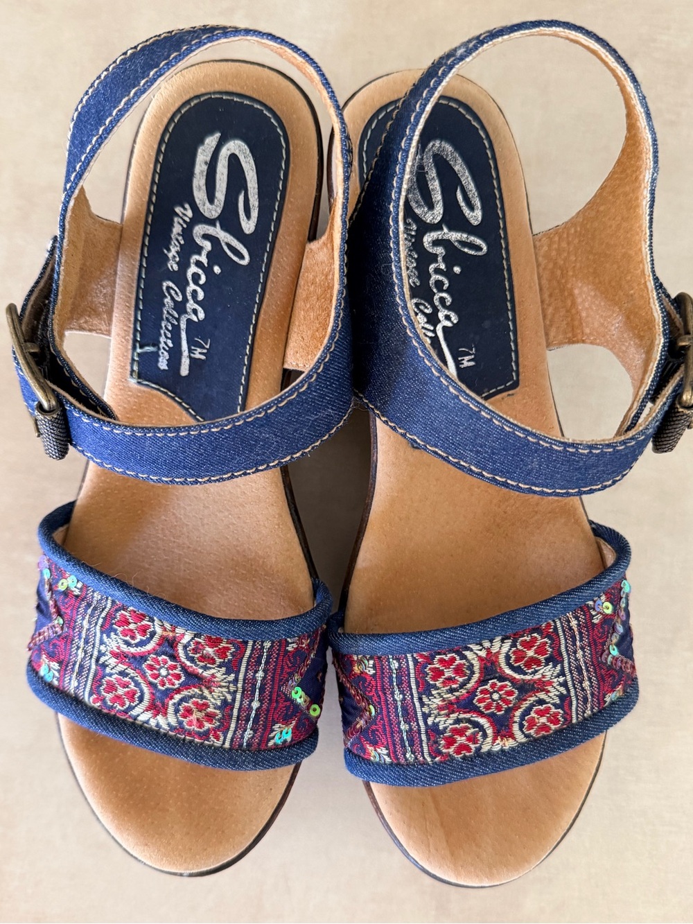 SBICCA Vintage Collection Denim Embroidered Wedge Sandals (Size 38/US 7.5)
